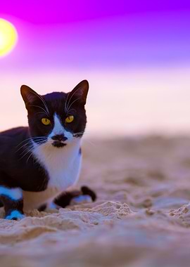 Cat Sitting On The Beach A