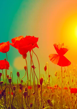 Sunset Over Poppies Field
