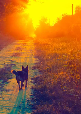 Dog Walking On The Dirt Ro