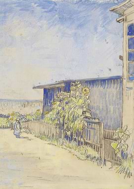 Schuurtje met zonnebloemen