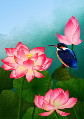 Lotus Flowers with Bird