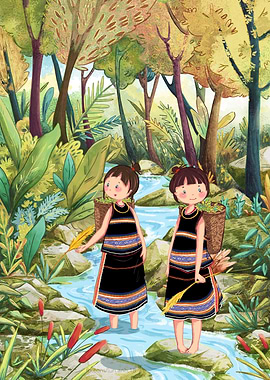 Two ethnic girls in forest