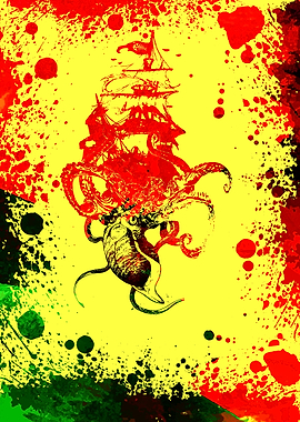 ship and octopus art