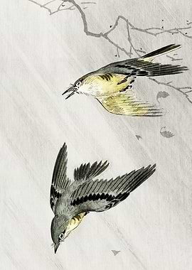 Birds in rain woodblock