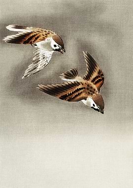 Sparrows in air woodblock