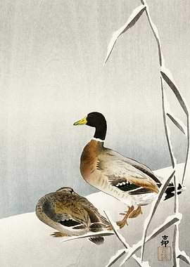 Ducks in snow woodblock