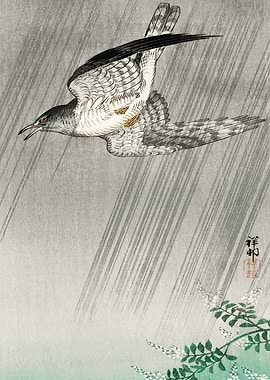Cuckoo in rain woodblock