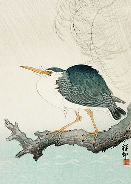Heron on tree woodblock