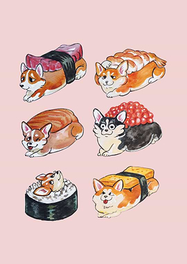 Sushi Corgi Watercolor