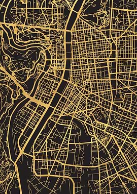 Lyon Map France Gold