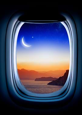 Airplane porthole Moon