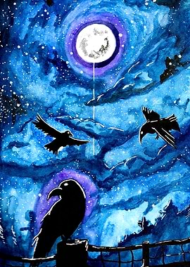 3 Raven Moon Watercolor