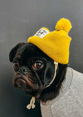 Pug dog in cap and clothes