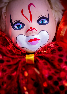 sad red clown doll eyes