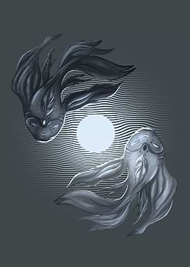 Yin Yang Koi Around Moon