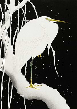 Heron in snow Woodblock