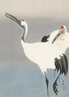 Two egrets woodblock print