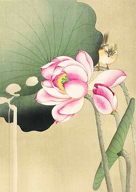 Bird on Lotus Woodblock