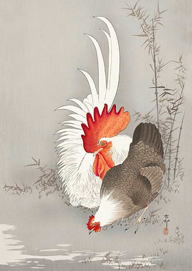 Rooster and Hen Woodblock