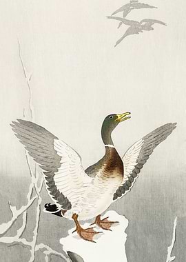 Duck in snow woodblock