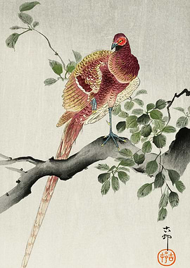 Pheasant on tree woodblock