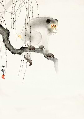 Monkey on tree woodblock