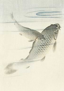 Two carp fish woodblock