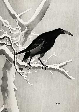 Crow on tree woodblock art