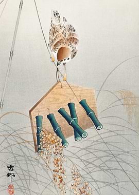 Sparrow in grass woodblock