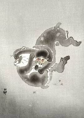 Fighting monkeys woodblock