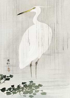 Egret in the rain woodcut