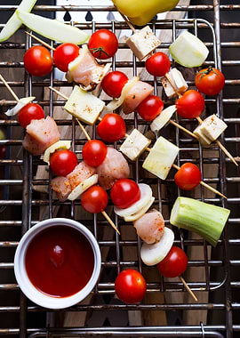 Raw skewers on a grill