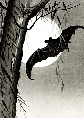 Bat and full moon woodcut