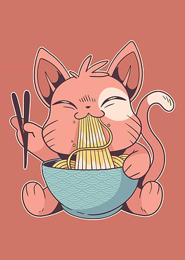 Cute cat eating ramen