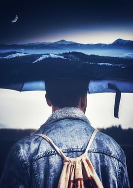 Blue Umbrella and Mountain