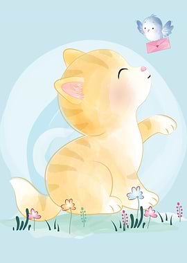 Cute kitty with bird