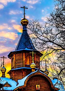 Wooden Chapel At Sunset