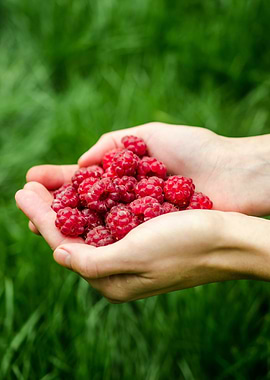 Hands holding raspberries