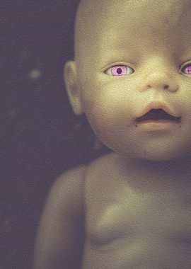 weird doll with pink eyes