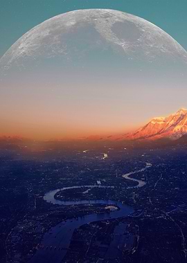 City with Huge moon