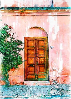 Wooden Door Pink Wall