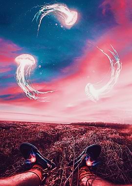 Three glowing jellyfish