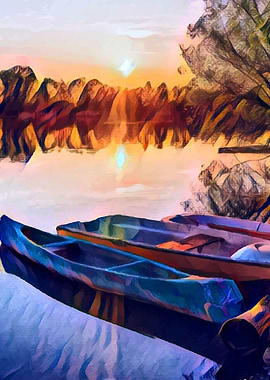 Sunset in the lake trees