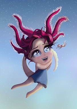 Axolotl Girl in the Sea