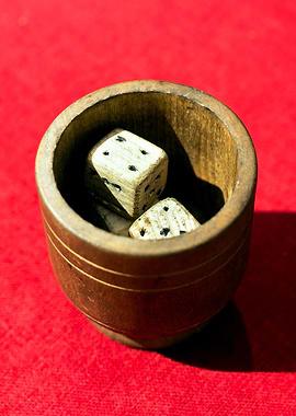 Bowl Of Dices On Red Table