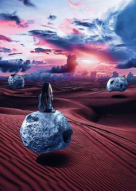 Flying rock and girl