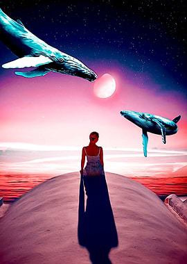 Whales flying in night sky