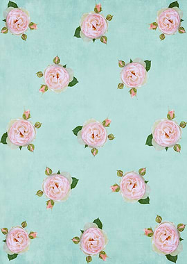 Vintage Pink Roses on Aqua