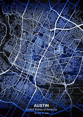 austin blue wall map