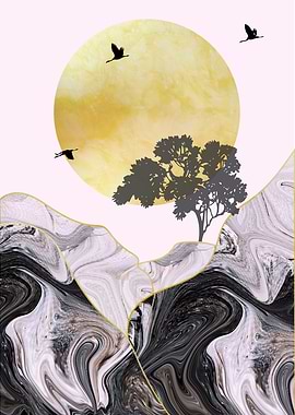 Marble Gold Sun With Birds